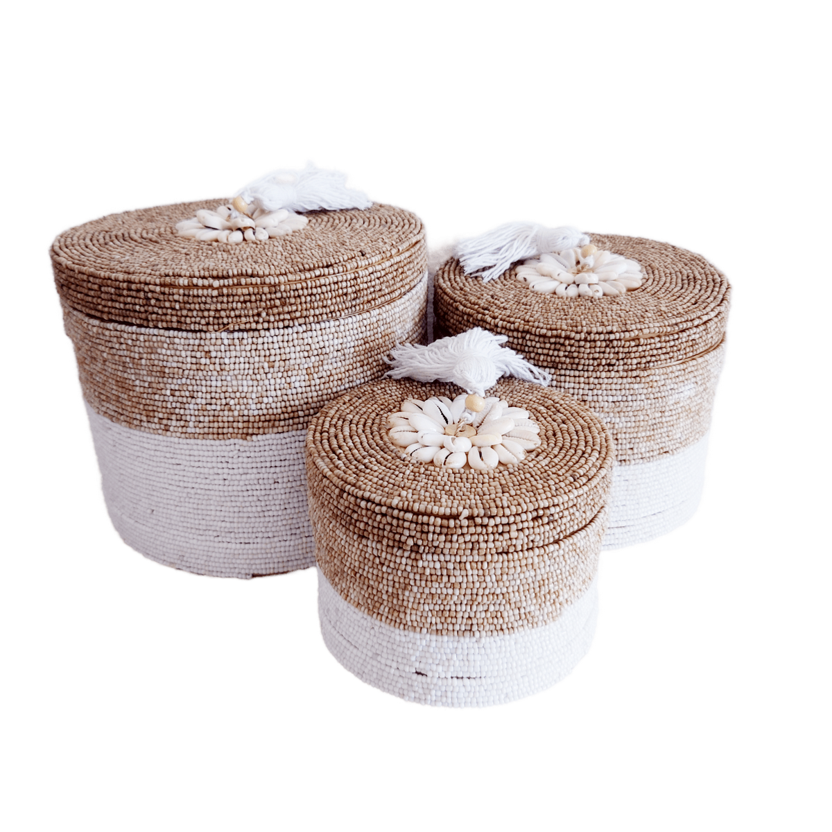 Scatole rotonde per perle e conchiglie Indy, beige/bianco 🌿🐚