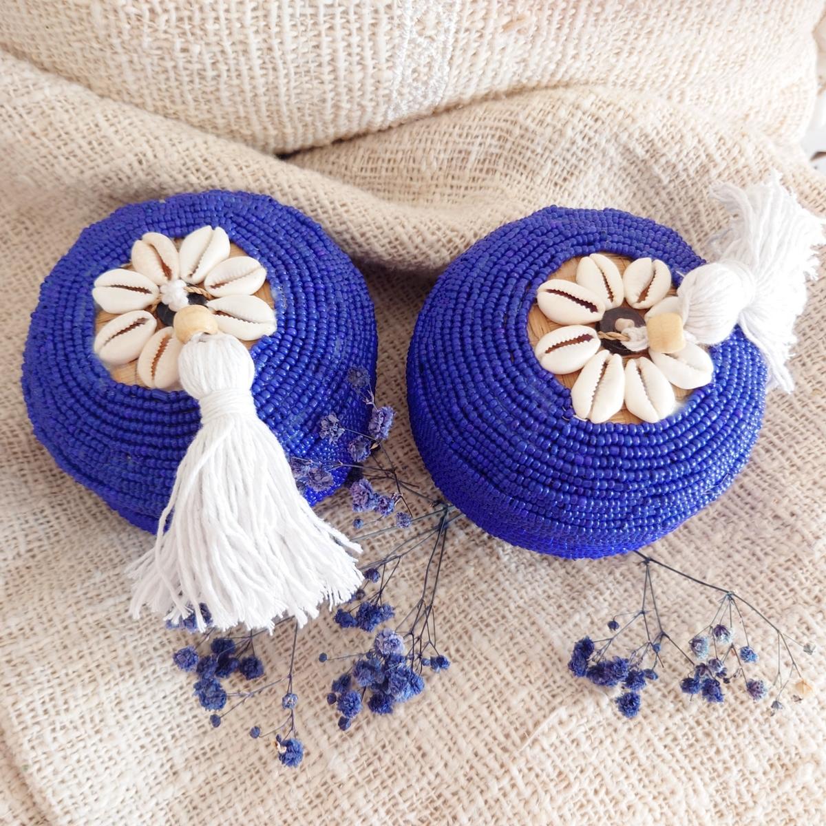 Scatola "Perla" in Bambù e Perle Blu con pompon D 11cm 🌿🐚