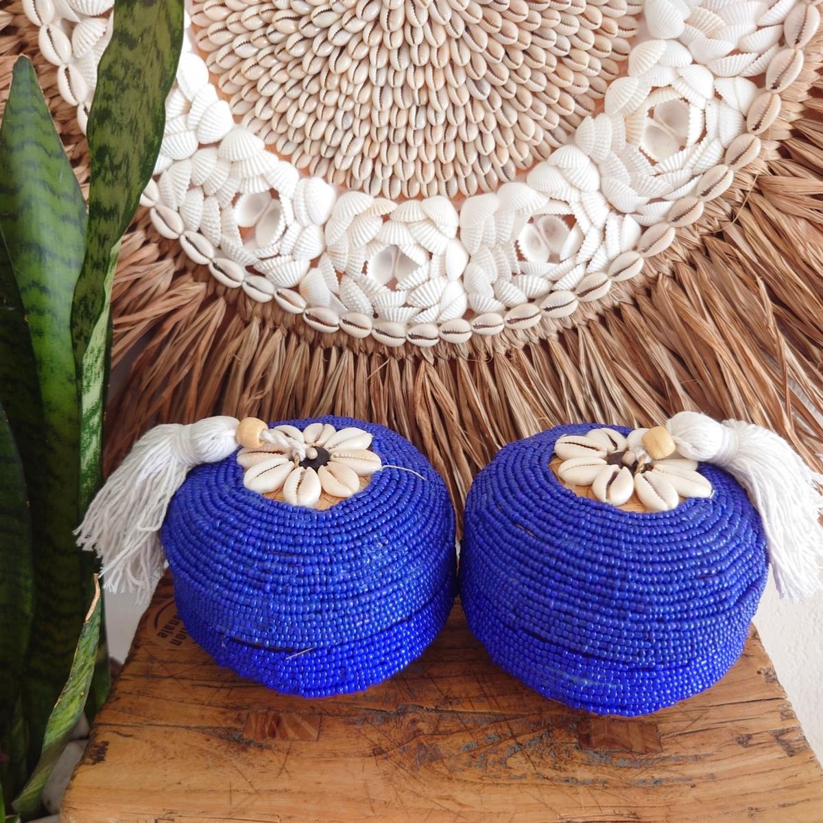 Scatola "Perla" in Bambù e Perle Blu con pompon D 11cm 🌿🐚