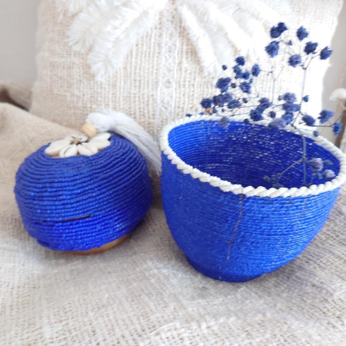 Scatola "Perla" in Bambù e Perle Blu con pompon D 11cm 🌿🐚