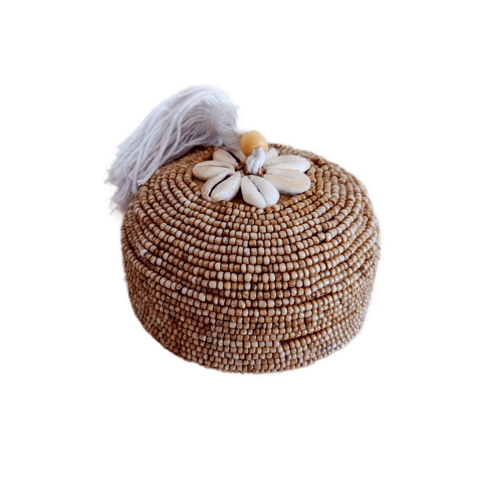 Scatola "Perla" in Bambù e Perle Beige con pompon D 11cm 🌿🐚