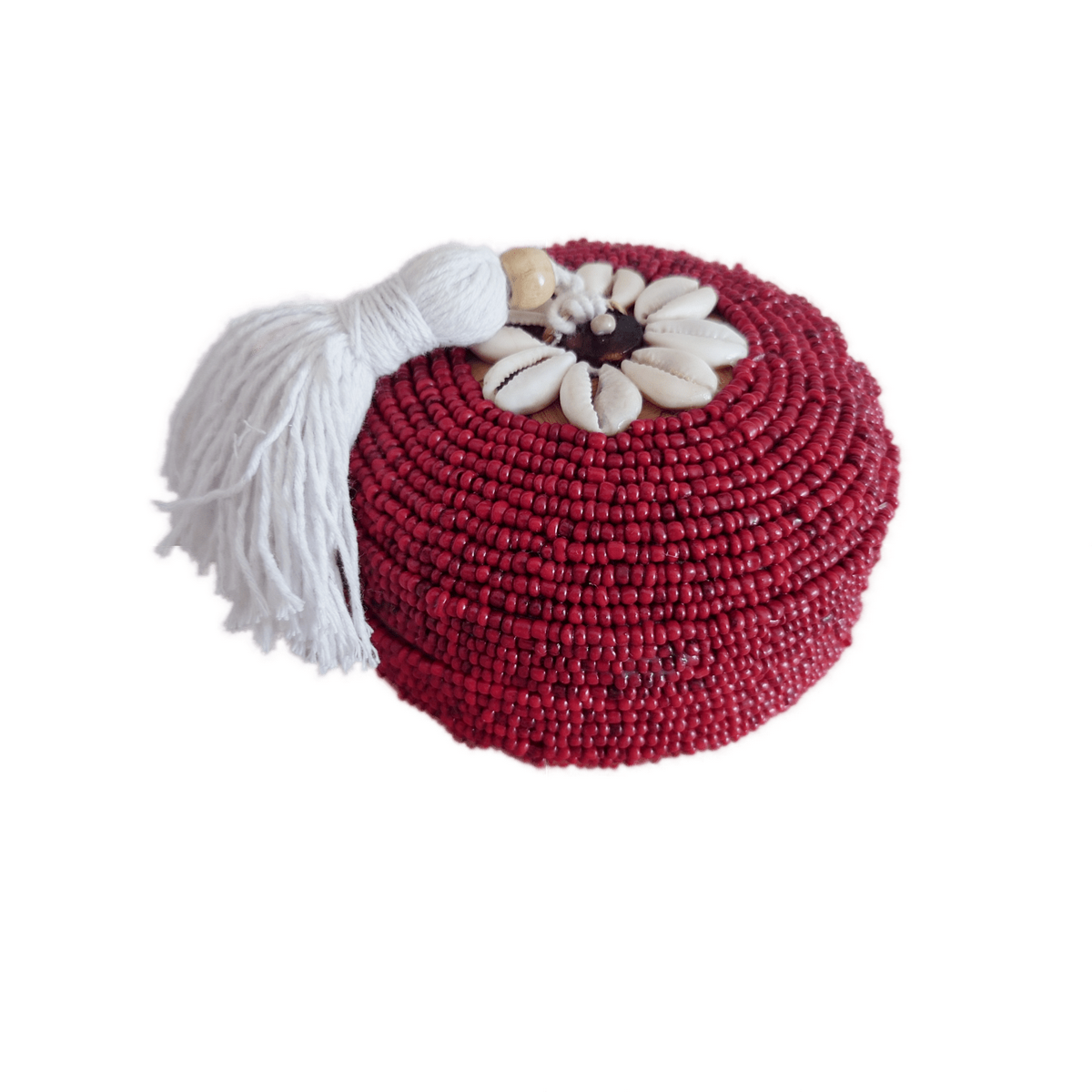 Scatola "Perla" in Bambù e Perle, Rossa con pompon D 11cm 🌿🐚