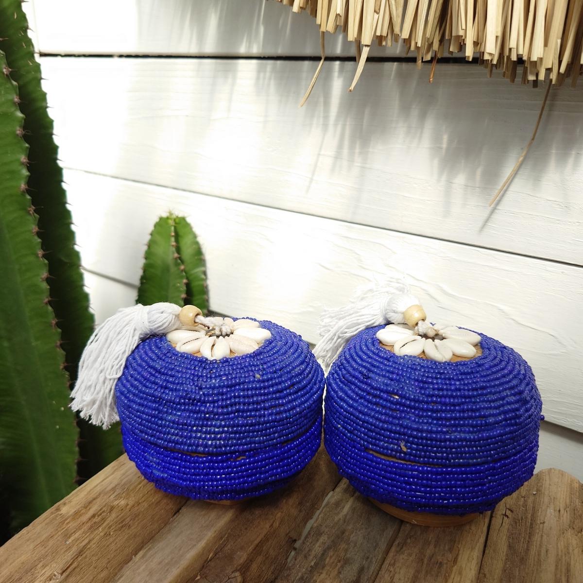 Scatola "Perla" in Bambù e Perle Blu con pompon D 11cm 🌿🐚