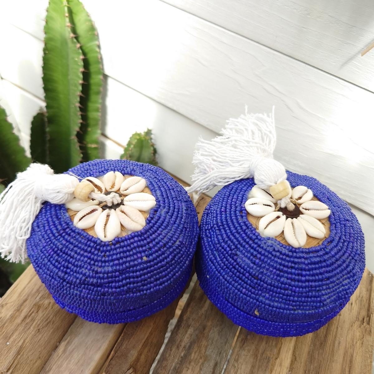 Scatola "Perla" in Bambù e Perle Blu con pompon D 11cm 🌿🐚