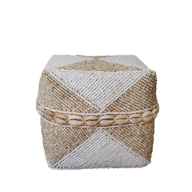 Scatola decorativa in bambù e perline di vetro, bianco/beige🌿🐚