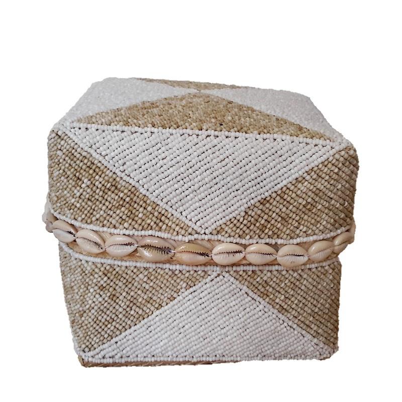 Scatola decorativa in bambù e perline di vetro, bianco/beige🌿🐚