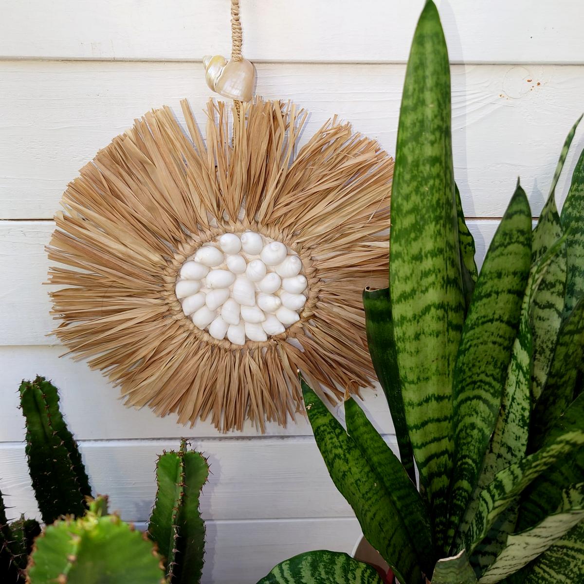 Decorazioni rotonde in rafia e conchiglie