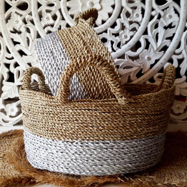 Paniers en Jonc de Mer, Beige et Argent
