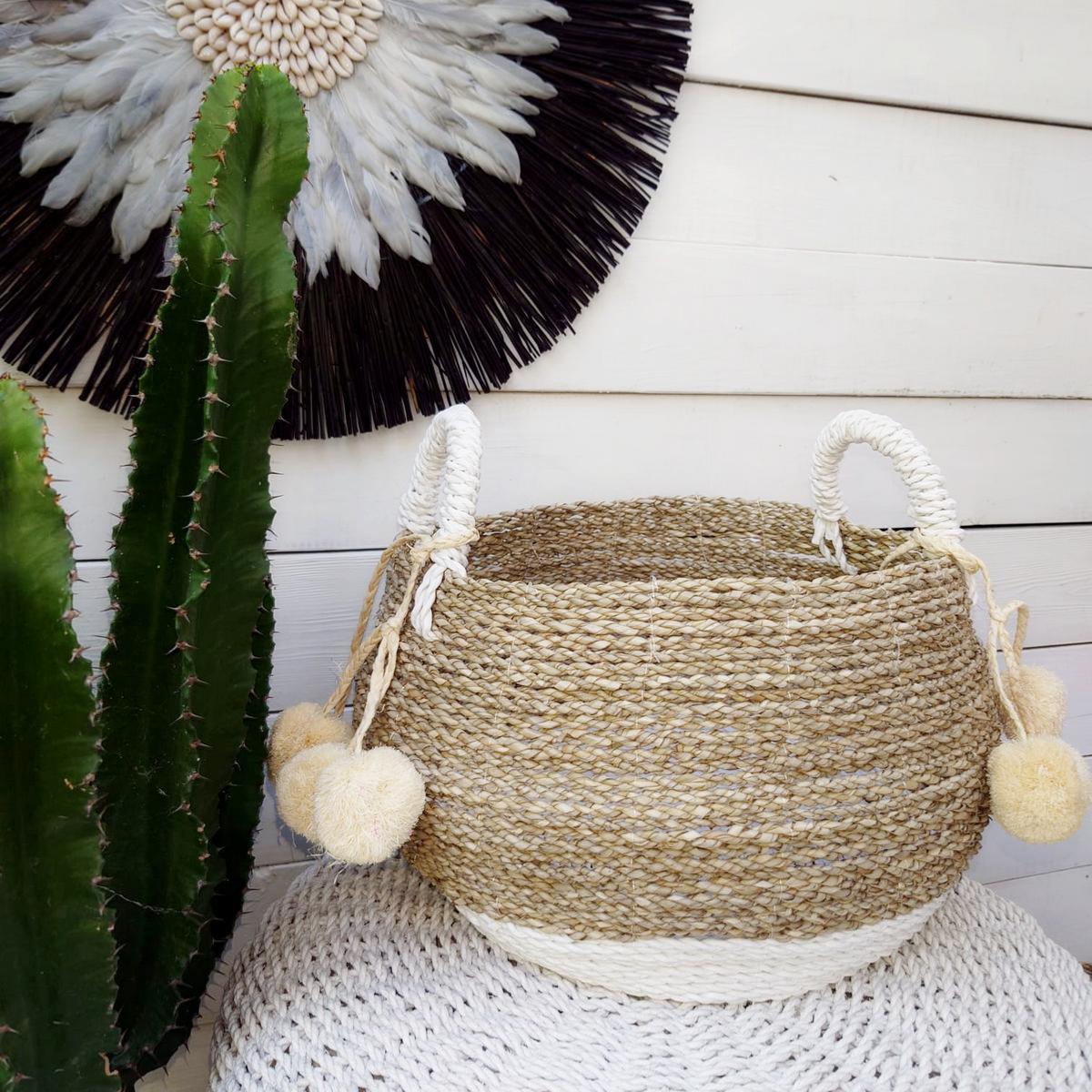Panier rond en jonc de mer, Blanc/Beige