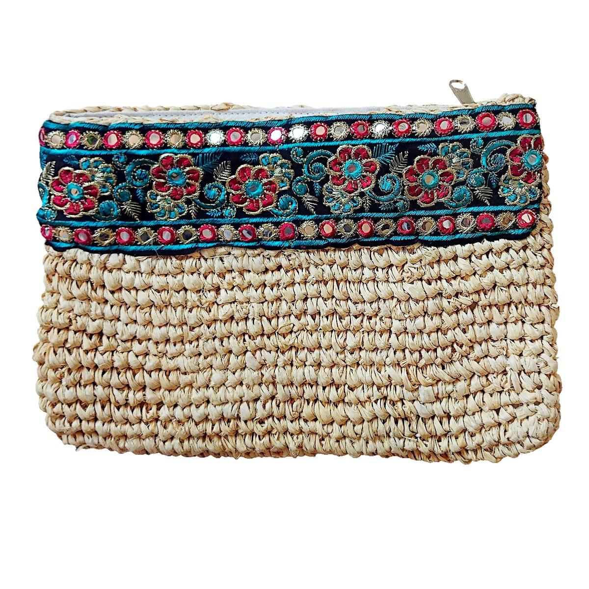Pochette en Raphia Beige avec Galon Multicolore – Collection Bona