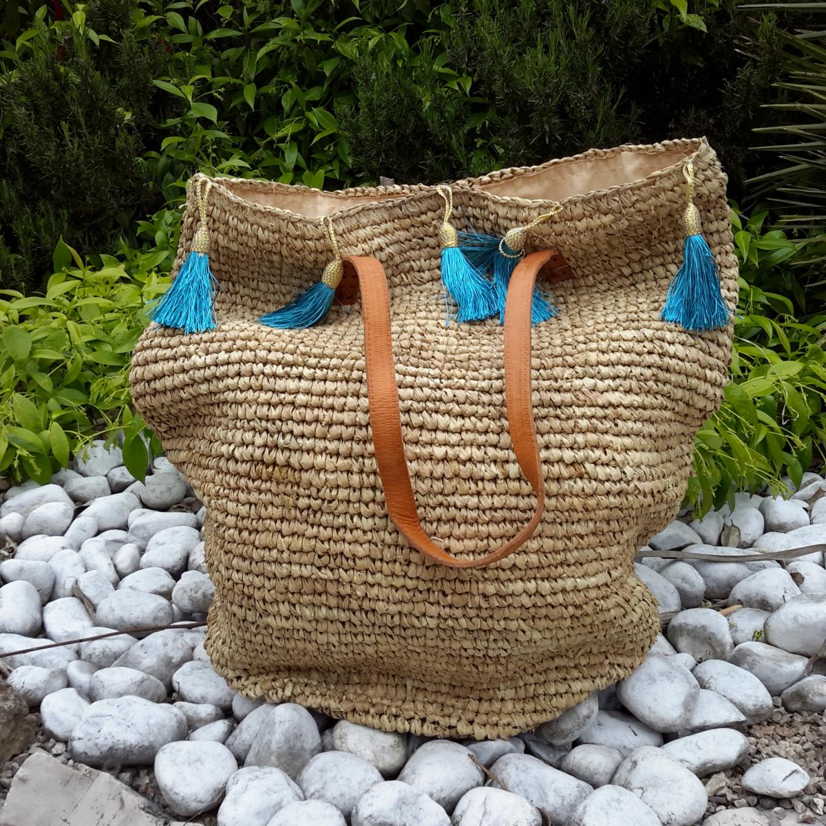 Bolso Jemen de Rafia con Pompones Azules