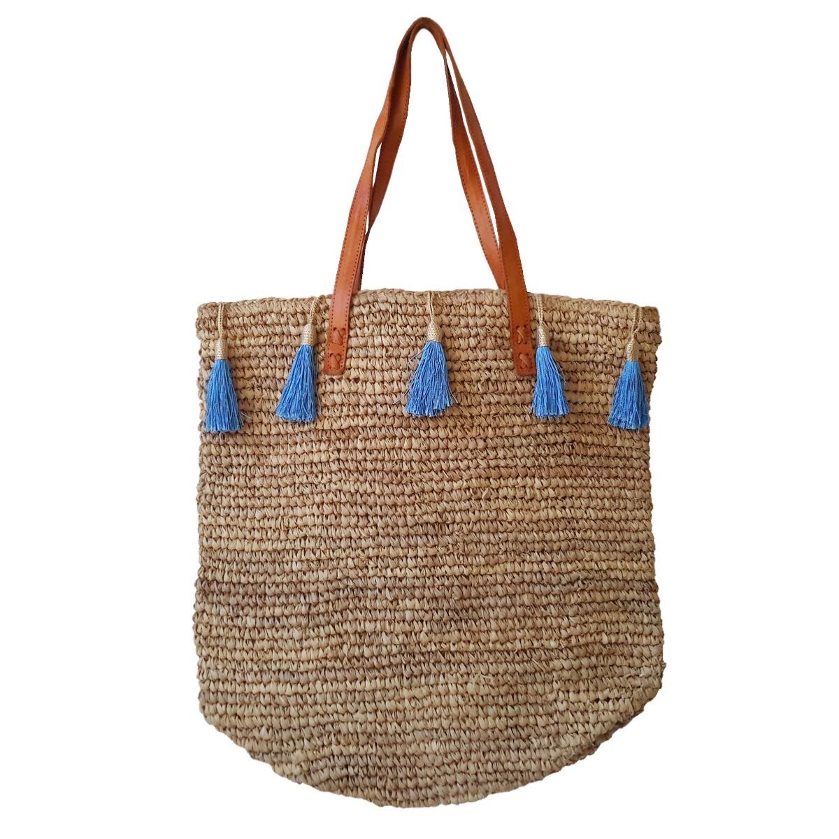 Bolso Jemen de Rafia con Pompones Azules