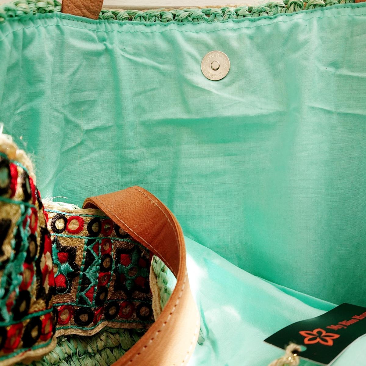 Bestickte türkisfarbene Basttasche - Franca Collection