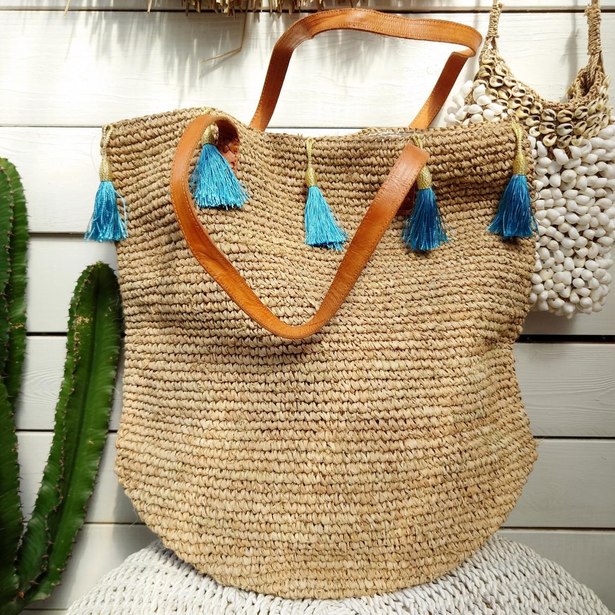 Bolso Jemen de Rafia con Pompones Azules