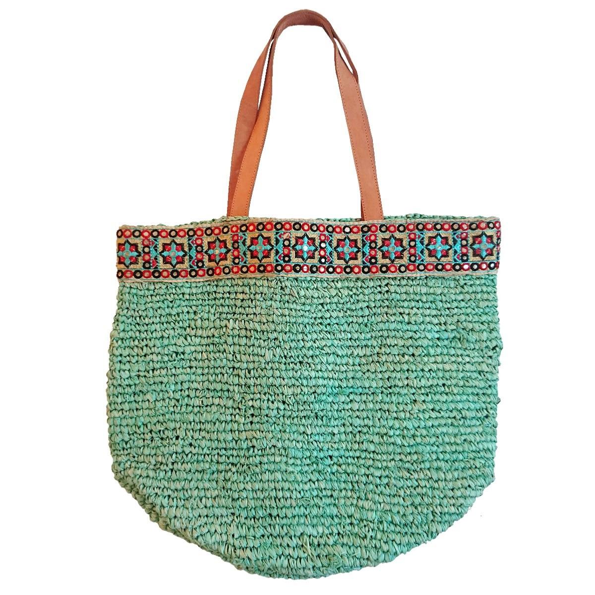Bestickte türkisfarbene Basttasche - Franca Collection