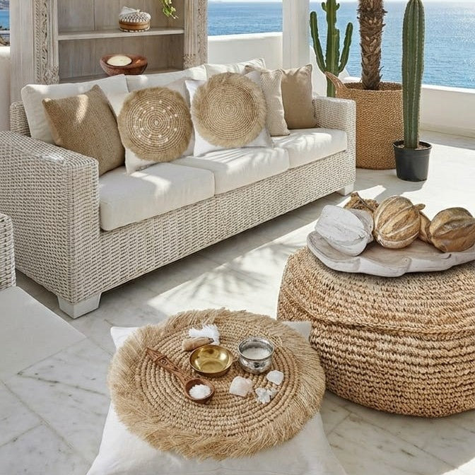 Housse de Coussin Brise coton, raphia, coquillages 50x50 cm