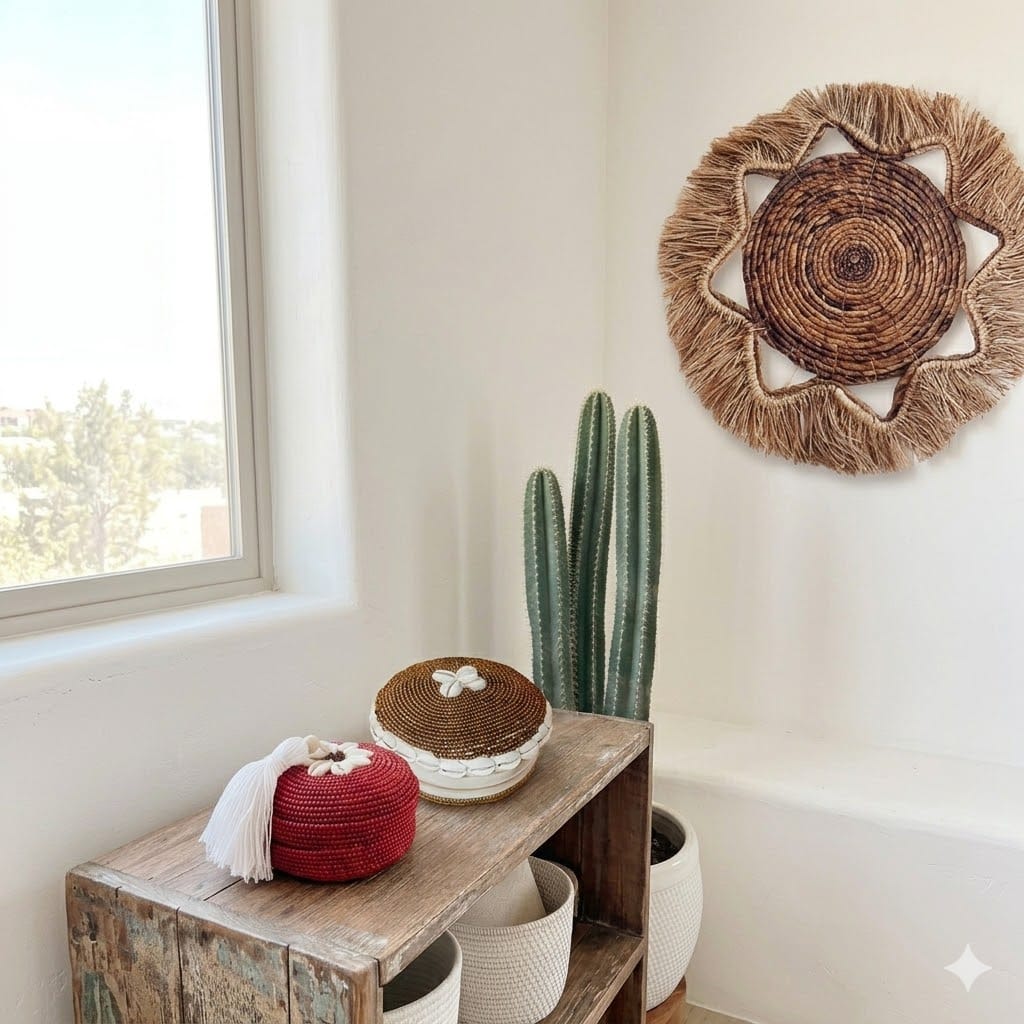 Boîte "Perla" en Bambou et Perles, Rouge avec pompon D 11cm 🌿🐚