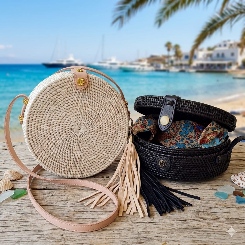 Sac Rond Noir en Rotin avec Pompon