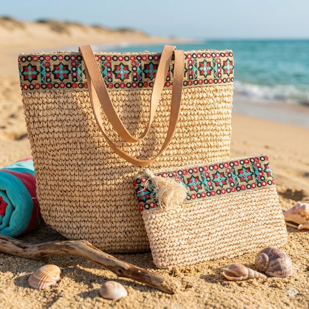 Pochette en Raphia Beige avec Galon Multicolore – Collection Bona