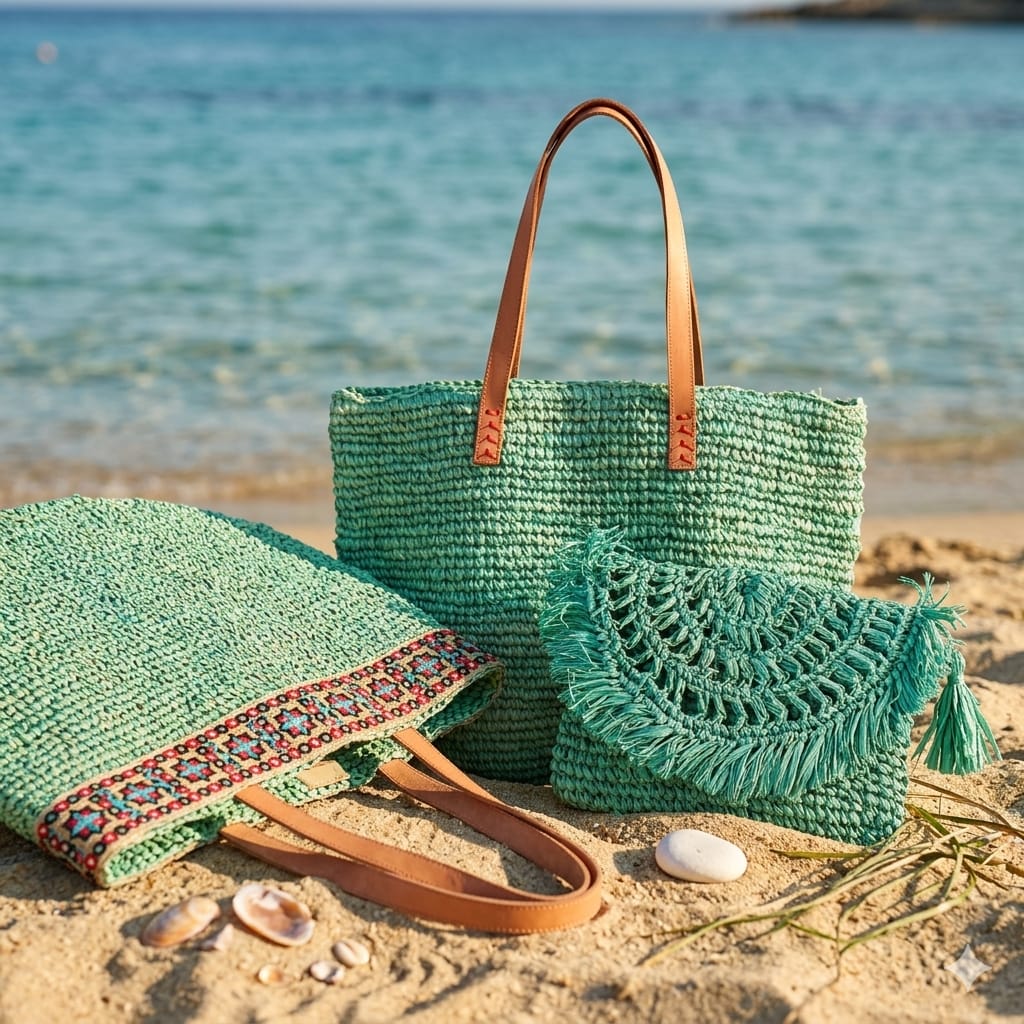 Bestickte türkisfarbene Basttasche - Franca Collection
