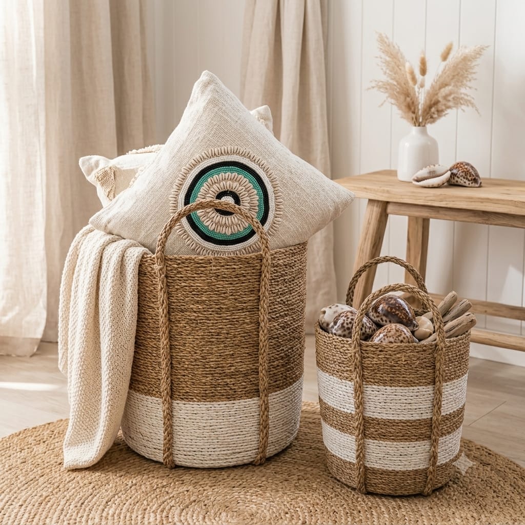 Housse de Coussin Bohème en Coton avec Coquillages et Perles 50x50