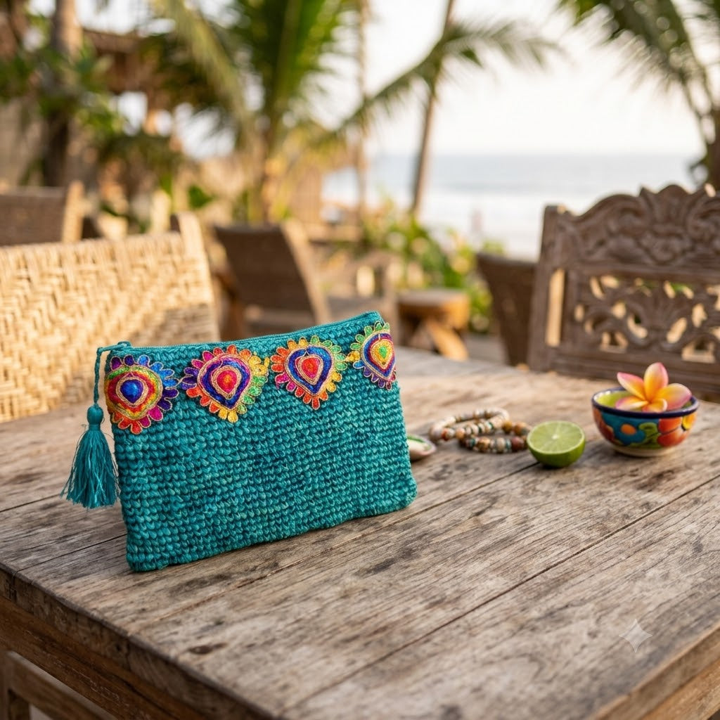 Pochette en Raphia Turquoise avec Galon Multicolore – Collection Bona