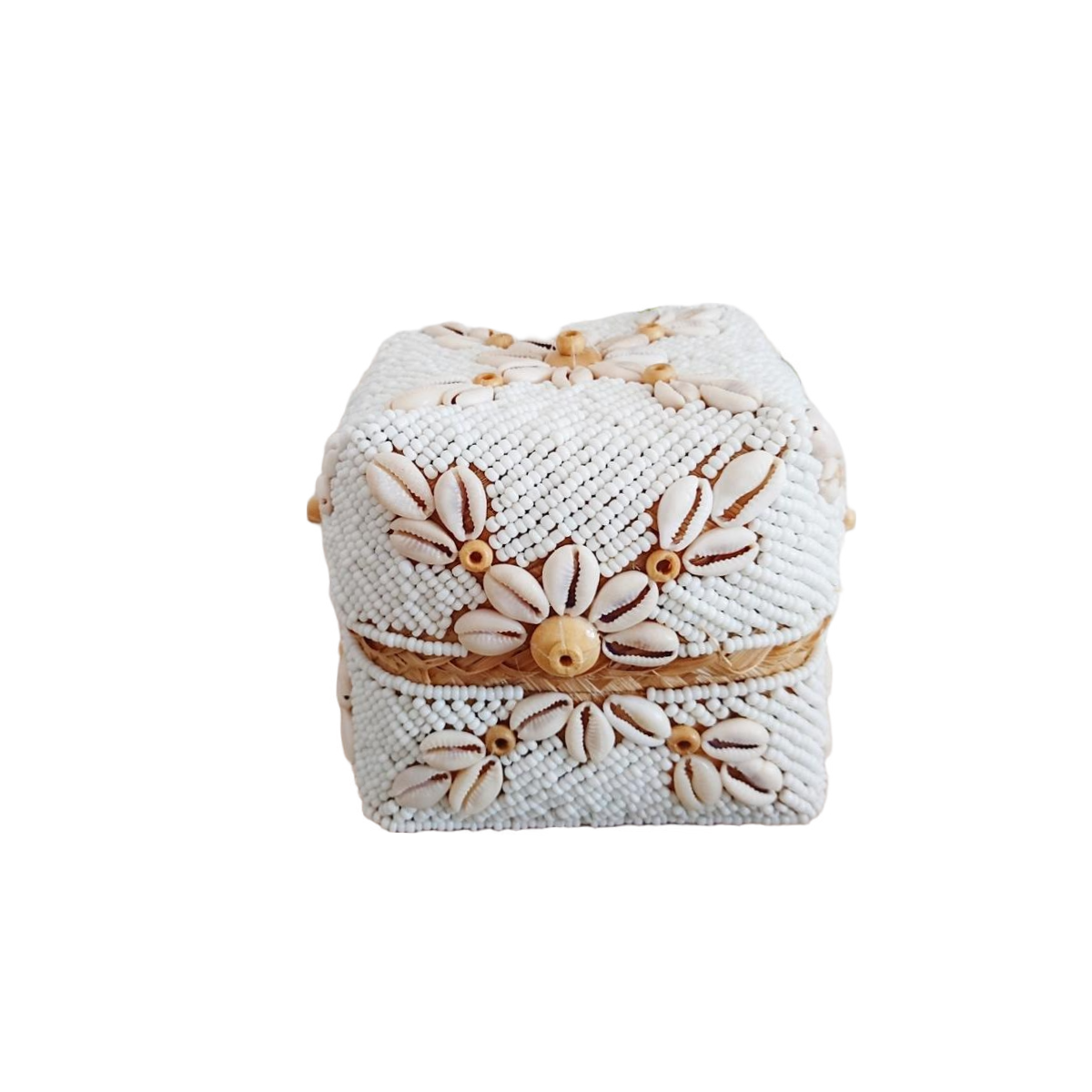 Scatola di bambù balinese con perline di vetro bianco🌿🐚