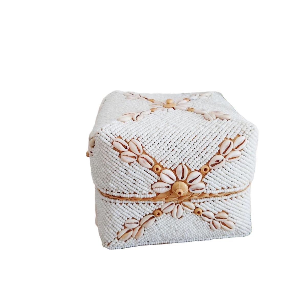 Scatola di bambù balinese con perline di vetro bianco🌿🐚