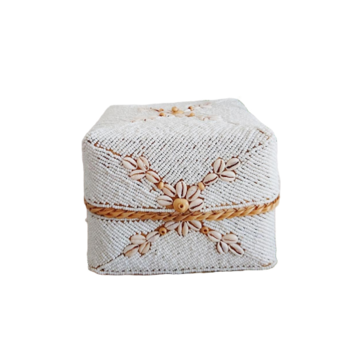Scatola di bambù balinese con perline di vetro bianco🌿🐚