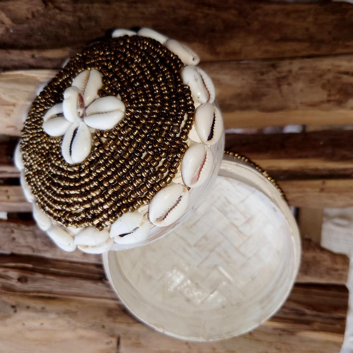 Scatola "Perla" in bambù e perle dorate D 16cm 🌿🐚