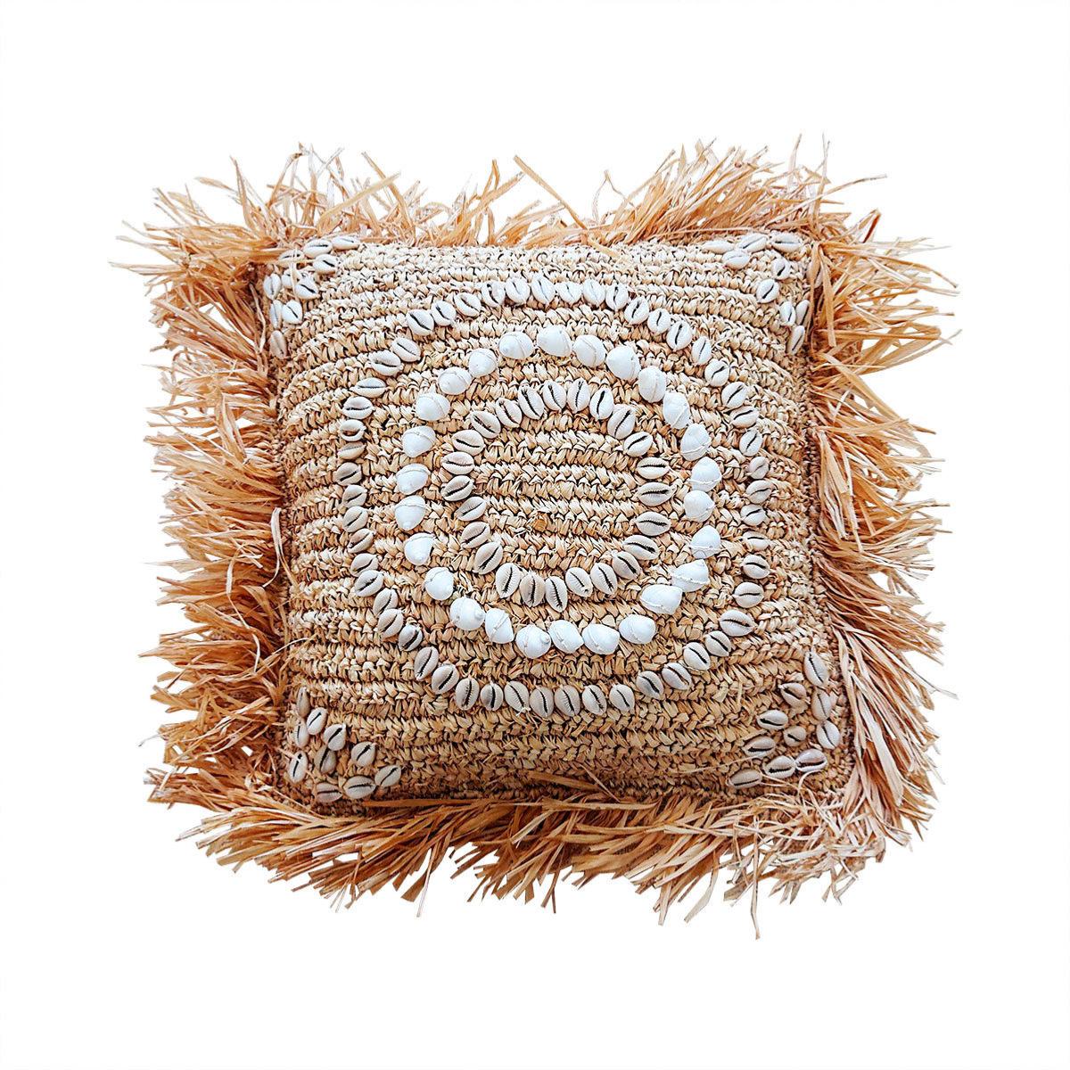 Funda de Cojín "Shelly" – Rafia Natural y Conchas, 40x40 cm