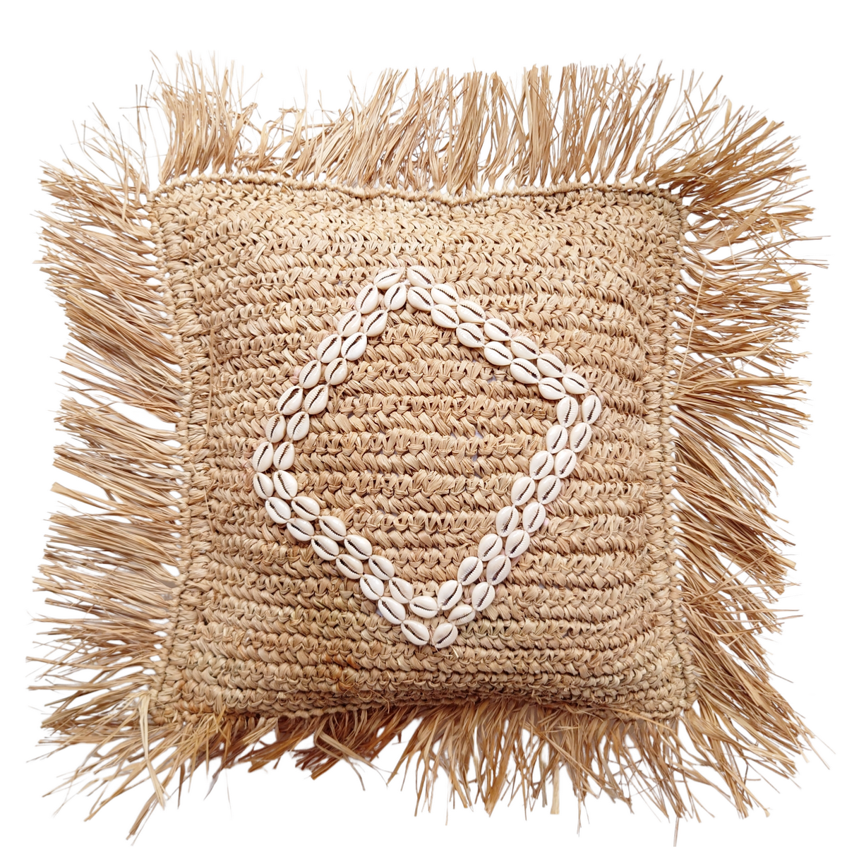 Funda de Cojín "Zara" – Rafia Natural y Conchas, 40x40 cm