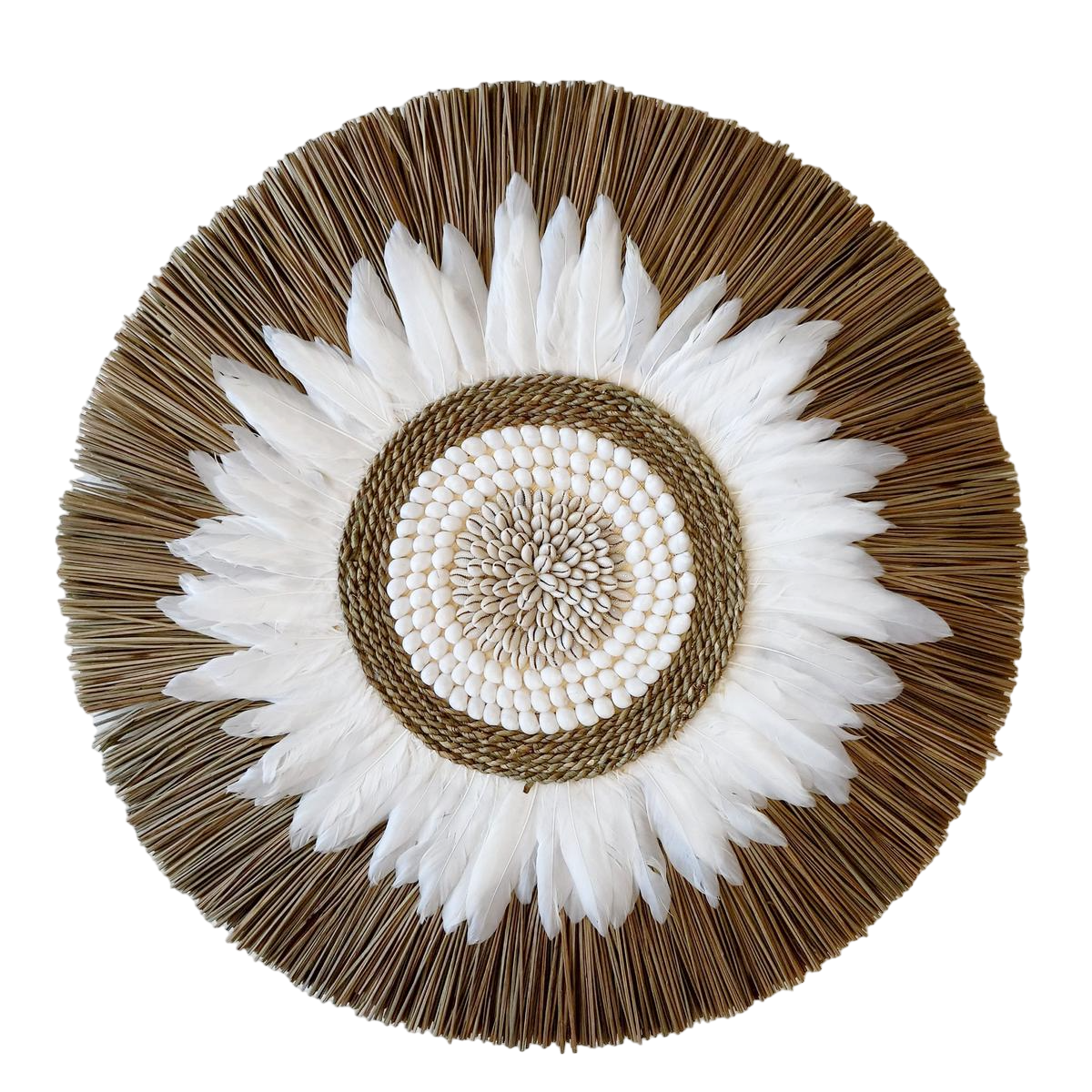 Decorazione murale "Lory" in rafia, piume e conchiglie D 60cm