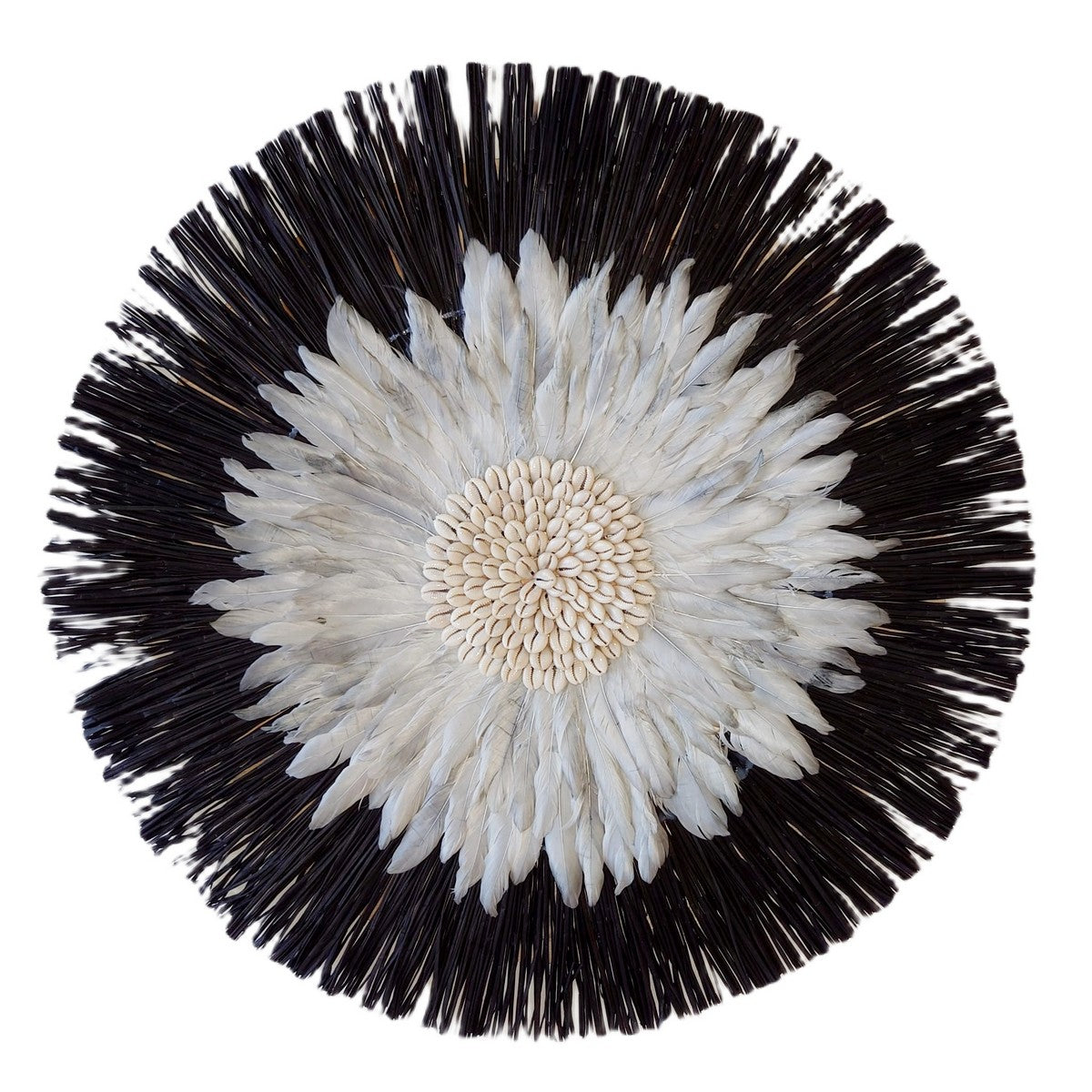 Decorazione rotonda in rafia nera, conchiglie e piume grigie, D 62 cm