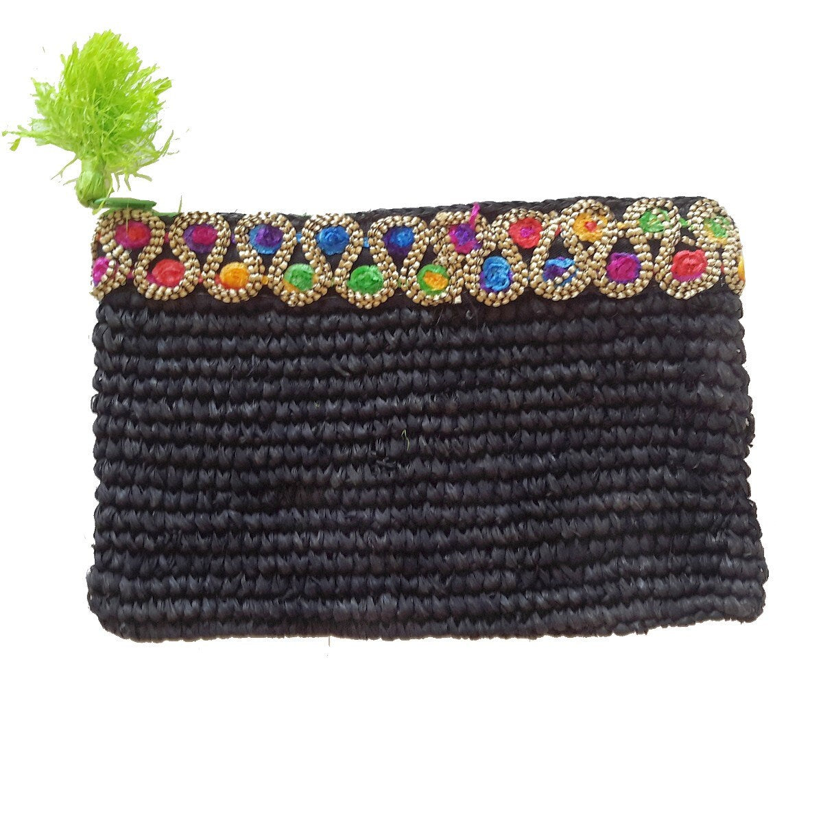 Pochette en Raphia Noir avec Galon Multicolore – Collection Bona