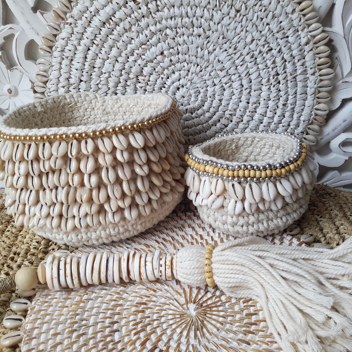 Panier Lenny en Crochet, Blanc et Beige