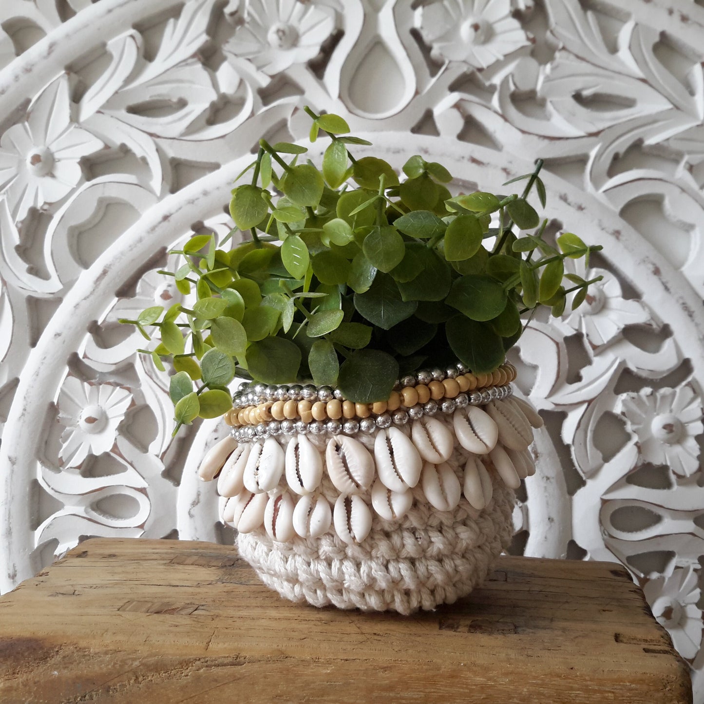 Panier Lenny en Crochet, Blanc et Beige