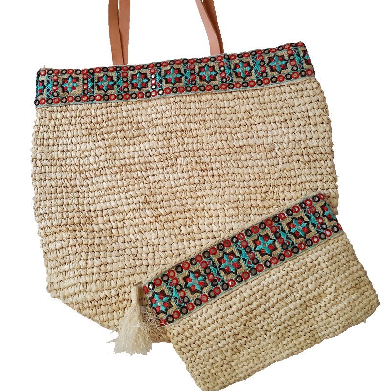 Beige bestickte Basttasche - Franca-Kollektion
