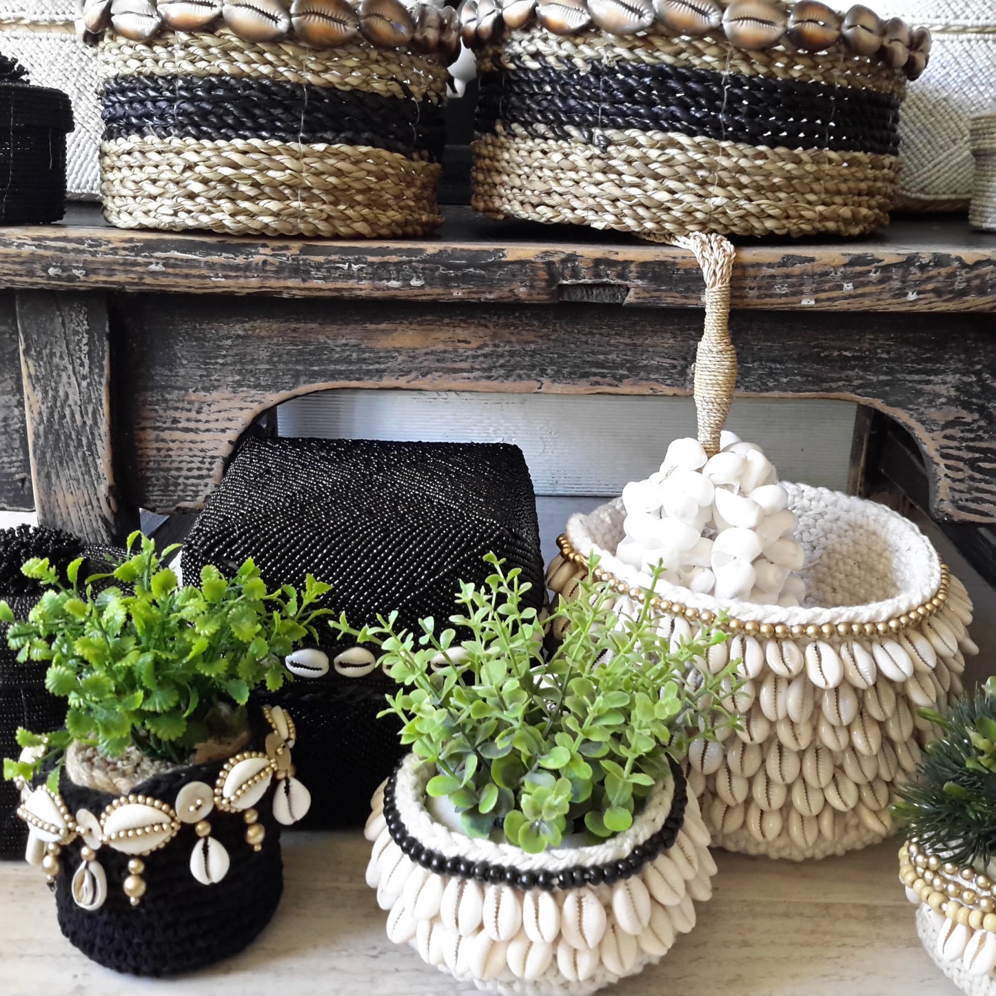 Panier en Crochet Cara, Blanc/Noir