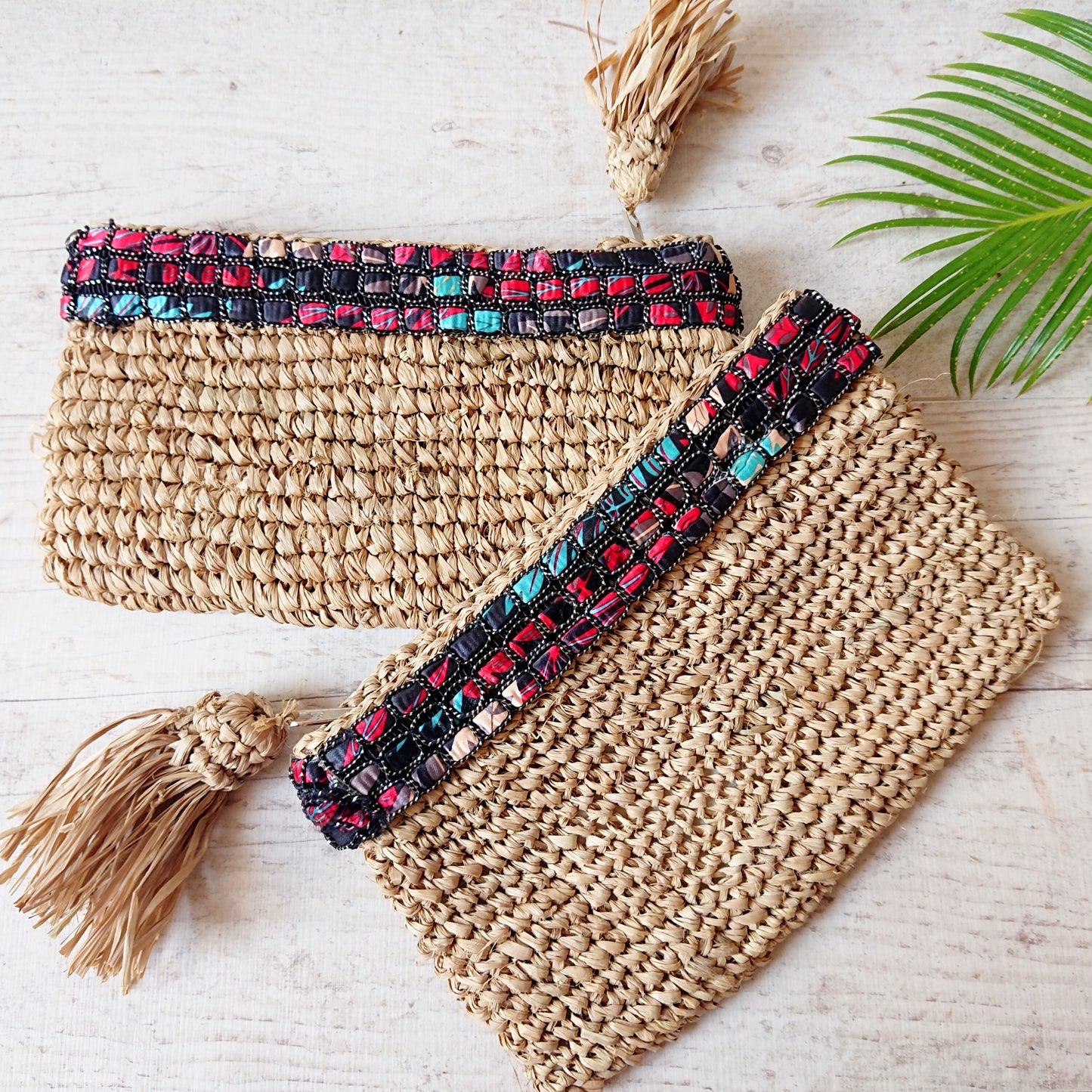 Petite pochette en Raphia Beige avec Galon – Collection Bona