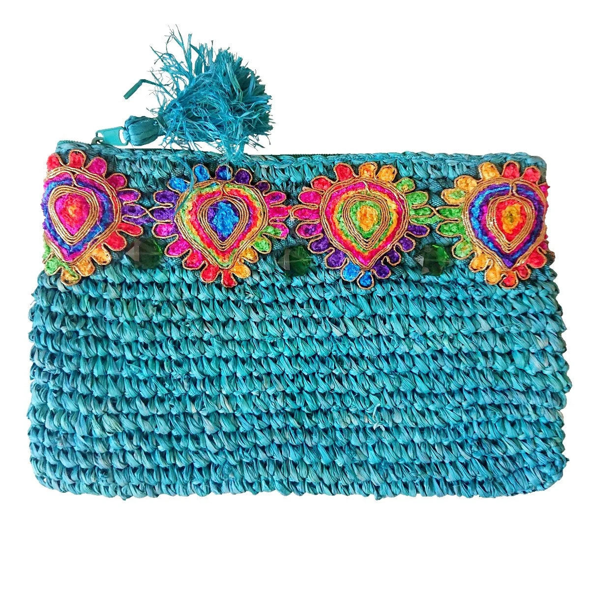 Pochette en Raphia Turquoise avec Galon Multicolore – Collection Bona