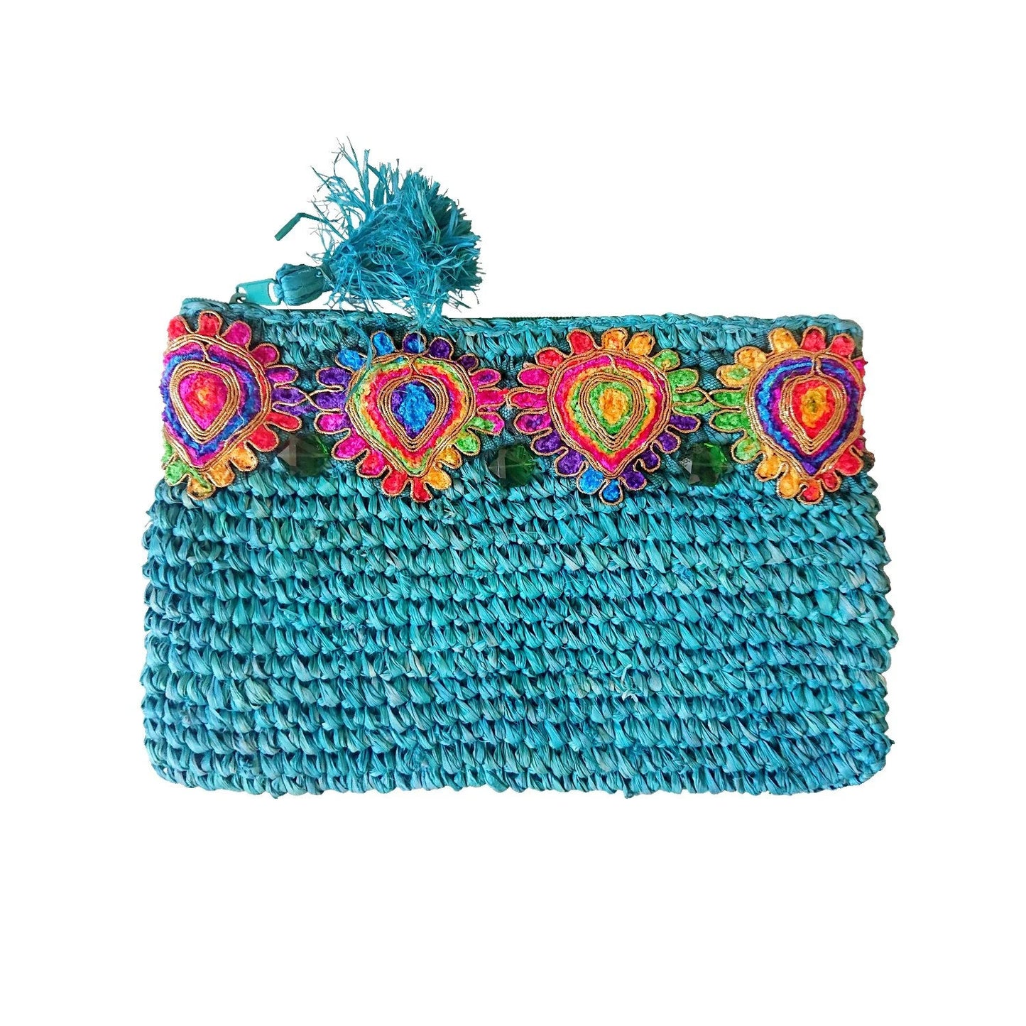 Pochette en Raphia Turquoise avec Galon Multicolore – Collection Bona