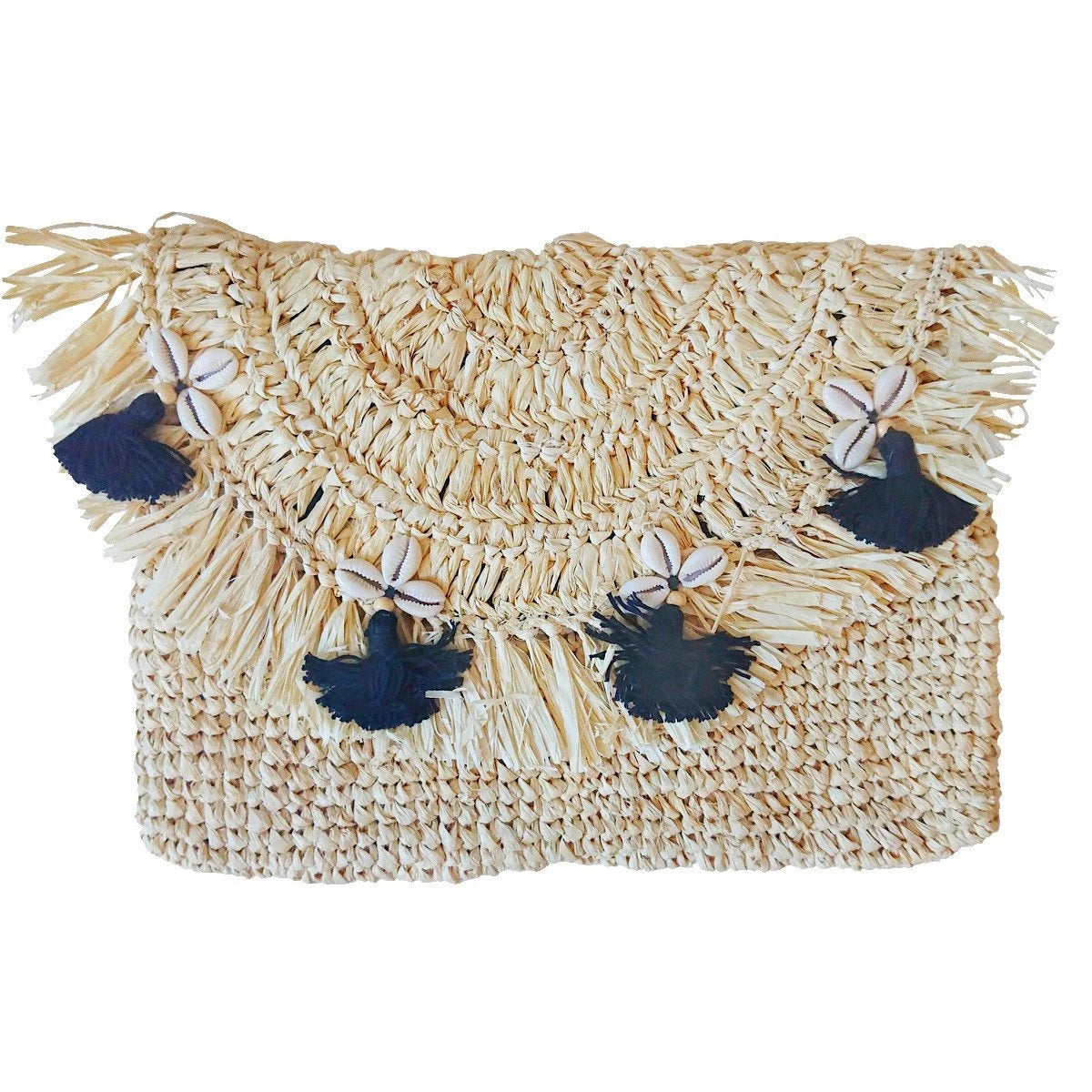 Sacchetto in rafia beige con pompon neri - Collezione Bona