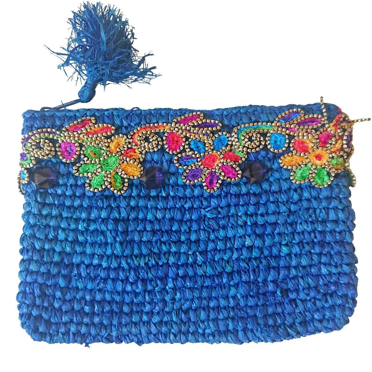 Borsa in rafia blu con treccia multicolore – Collezione Bona