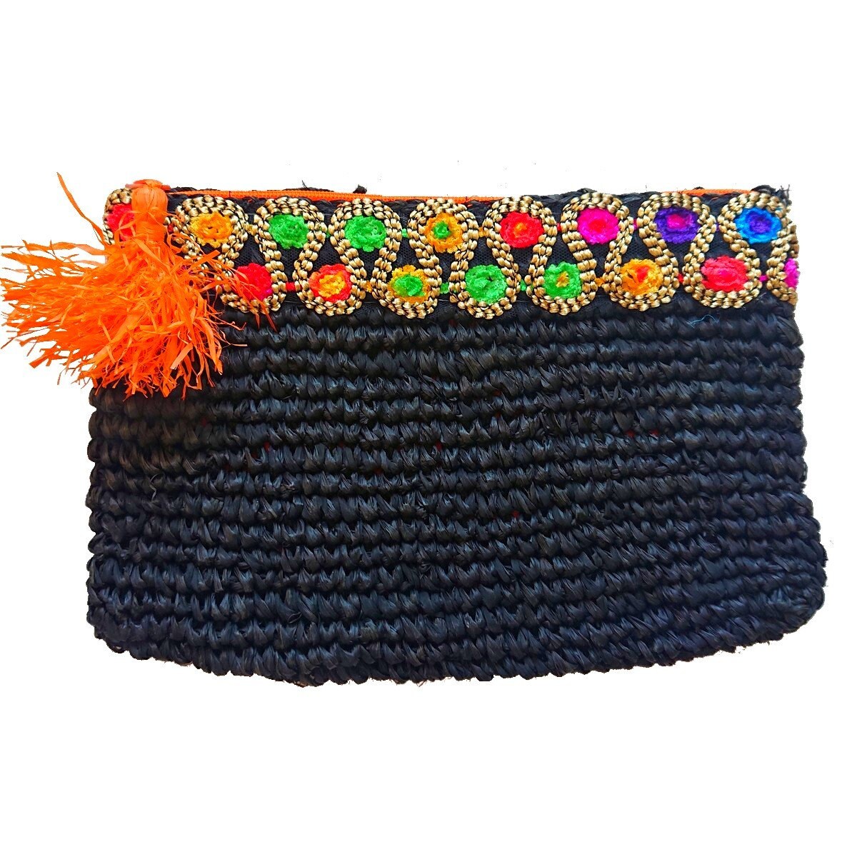 Pochette en Raphia Noir avec Galon Multicolore – Collection Bona