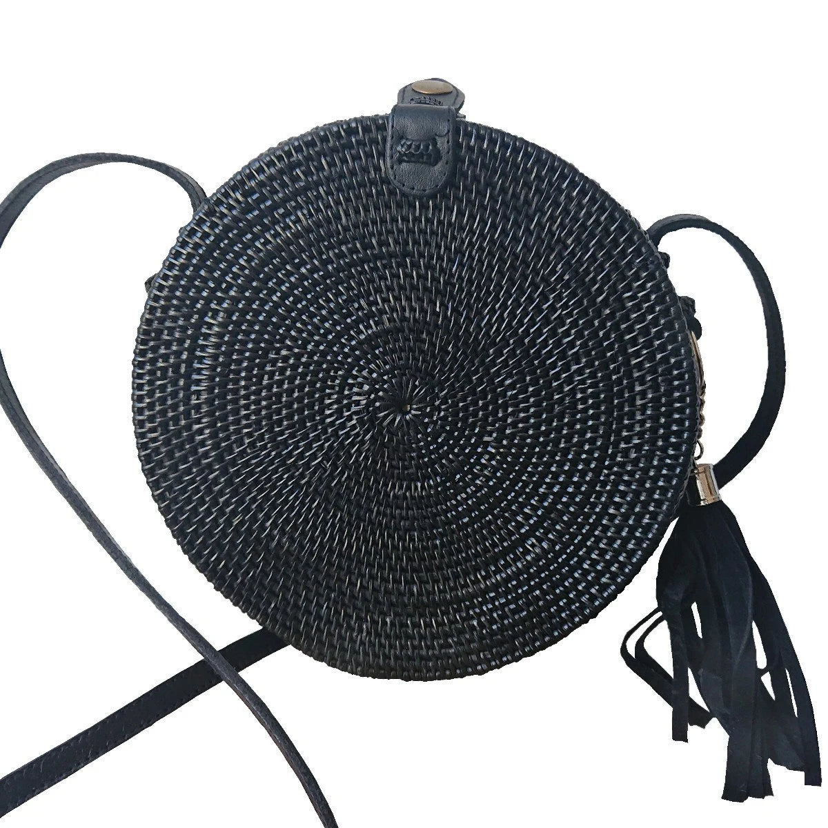 Schwarze, runde Rattantasche mit Pompom