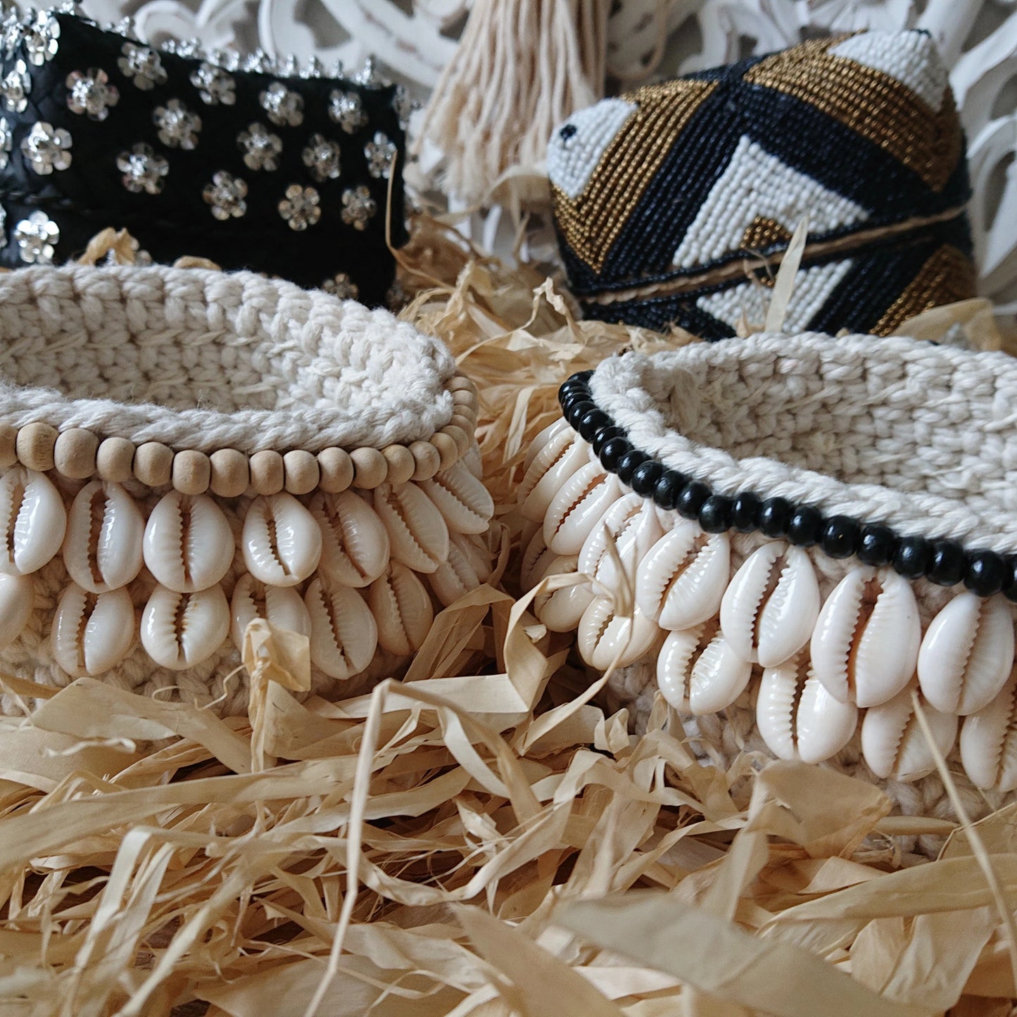 Panier en Crochet Cara, Blanc/Noir