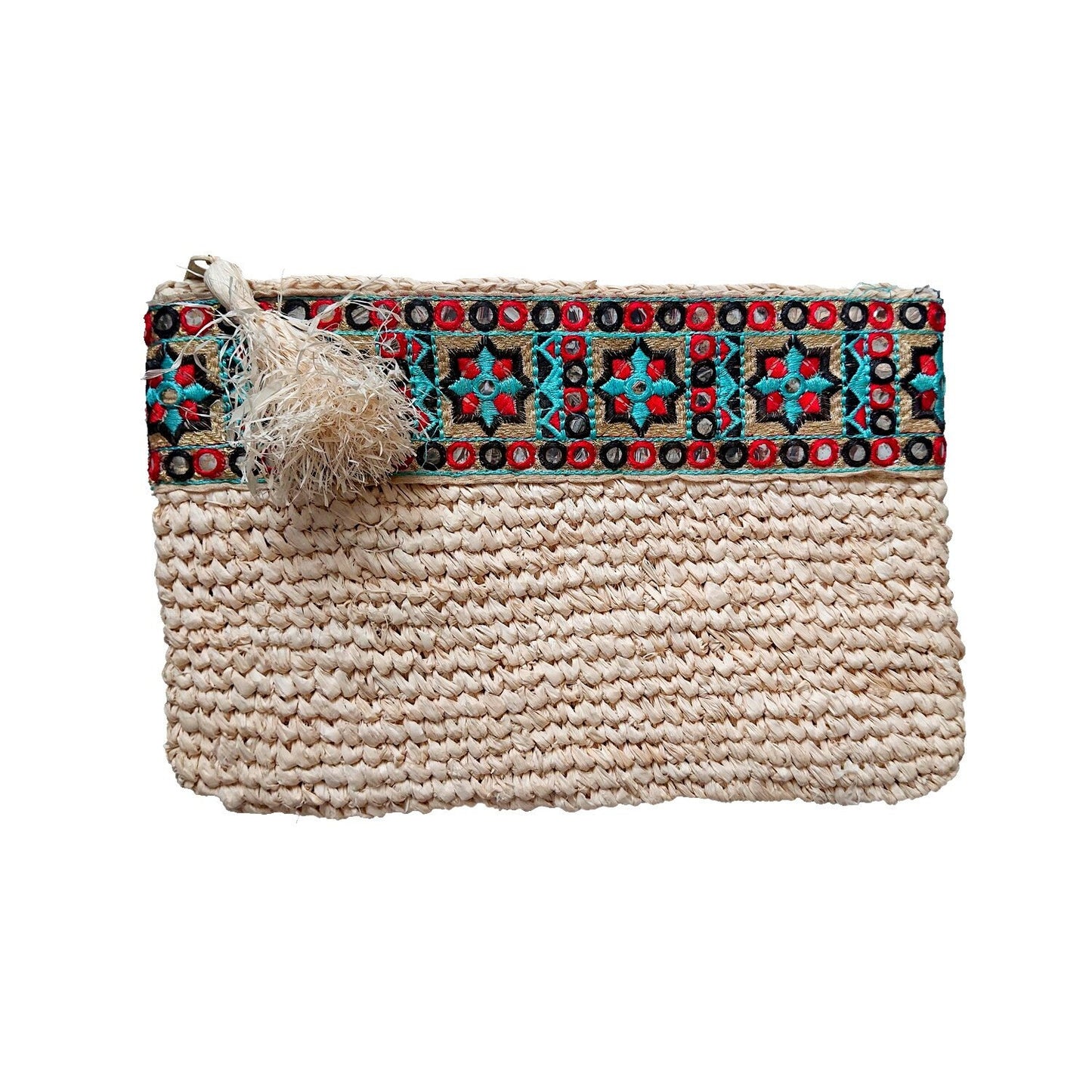 Pochette en Raphia Beige avec Galon Multicolore – Collection Bona