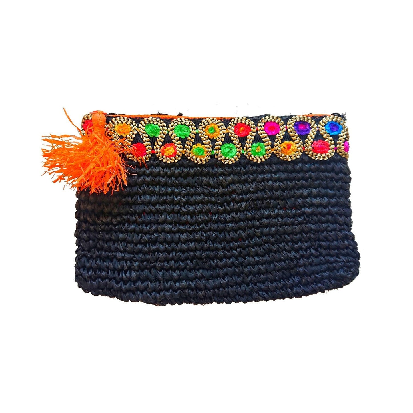 Pochette en Raphia Noir avec Galon Multicolore – Collection Bona