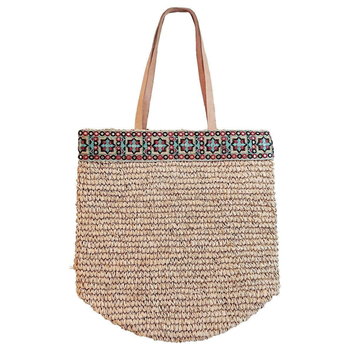 Beige bestickte Basttasche - Franca-Kollektion